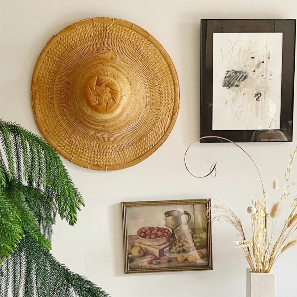 One Oriental Hand Woven Bamboo Wicker Farmers Hat Wall Hanging Decor